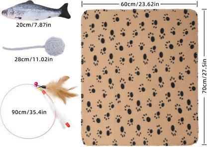 Full pet activity set including the roller track ball toy, plush mice, and crinkle fish arranged neatly.