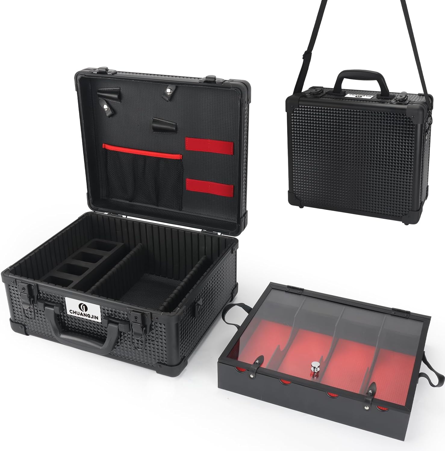 CHUANGJIN large barber carrying case front view showing the sleek black textured exterior and lockable metal clasps