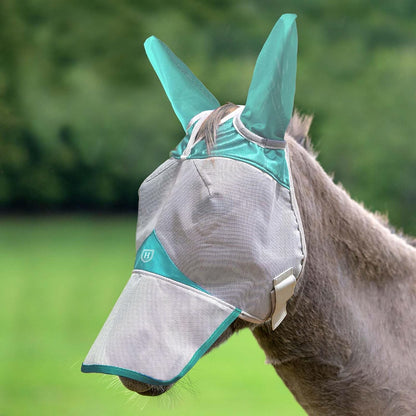 Red and grey Harrison Howard mule fly mask packaging view