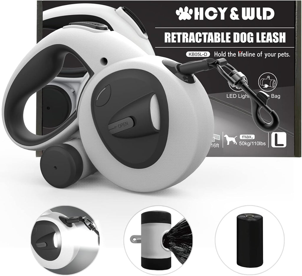 HCY&WLD Upgrade 4-in-1 Retractable Dog Leash with LED Light & Dispenser & Poop Bags, 16 ft Heavy Duty Dog Leash with Anti-Slip Handle for Dogs up to 44 lbs, 360 degrees Tangle-Free, One Button Brake & Lock - Image 9