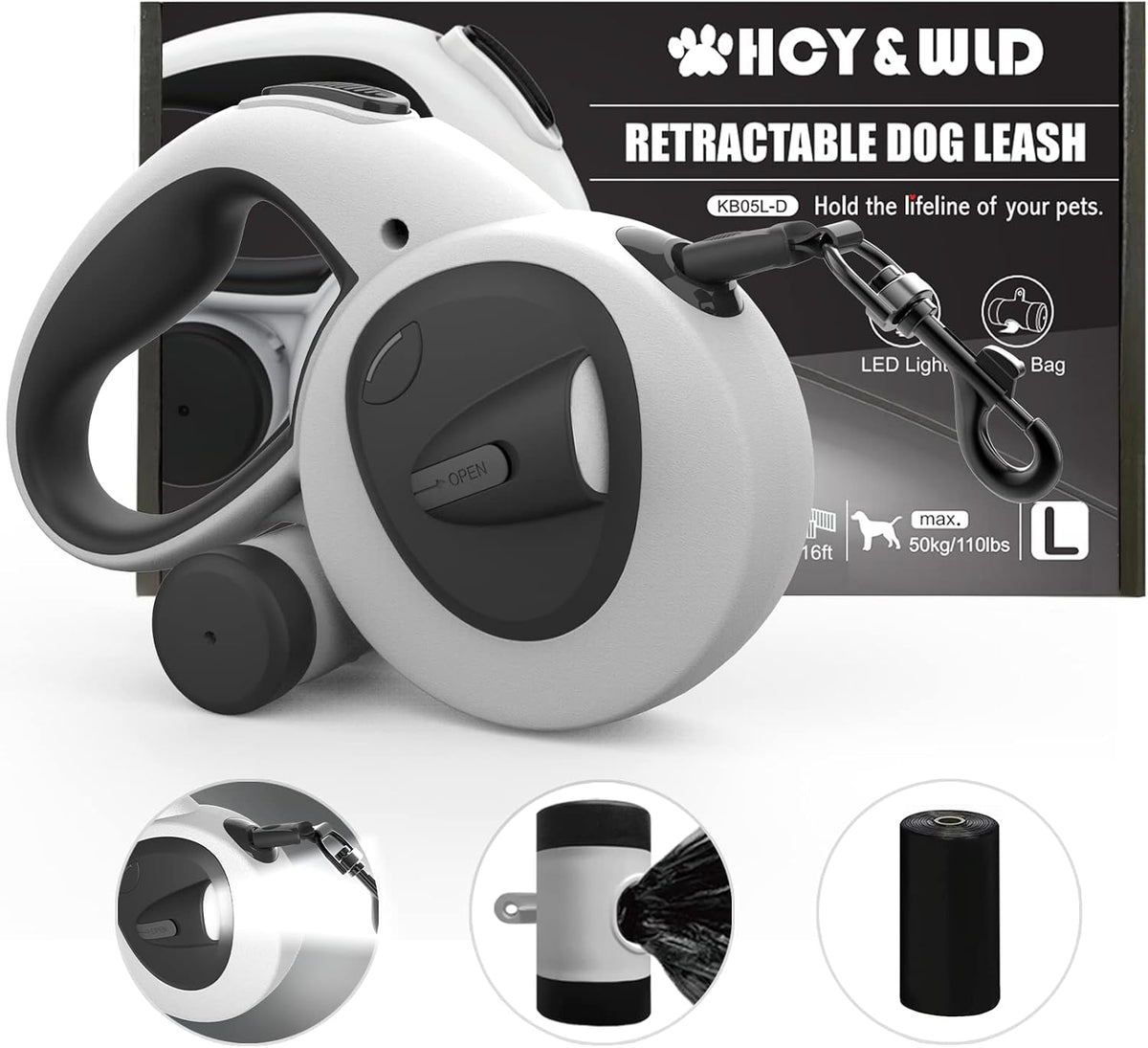 HCY&WLD Upgrade 4-in-1 Retractable Dog Leash with LED Light & Dispenser & Poop Bags, 16 ft Heavy Duty Dog Leash with Anti-Slip Handle for Dogs up to 44 lbs, 360 degrees Tangle-Free, One Button Brake & Lock - Image 9