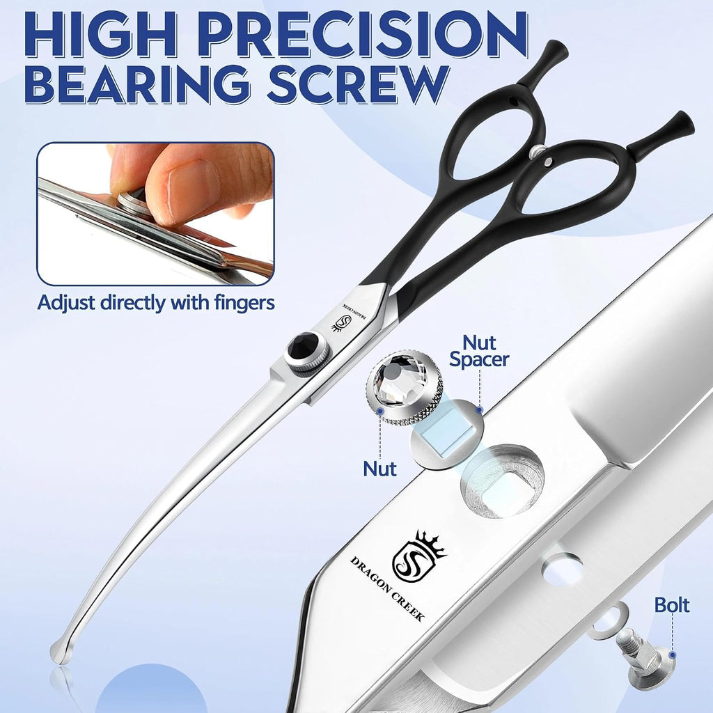 Close up of the safety round tips on the professional pet shears showing eye and paw protection.