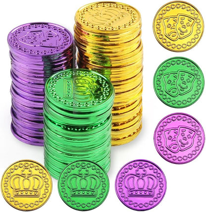 Ngup Mardi Gras plastic coins set front view showing assorted colors