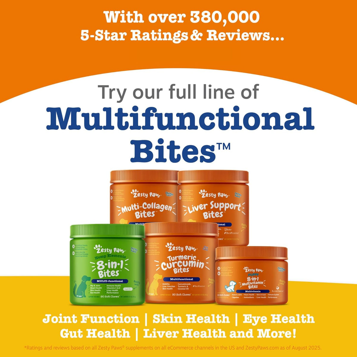 Dog health supplements by Zesty Paws featuring ninety chicken flavored pieces