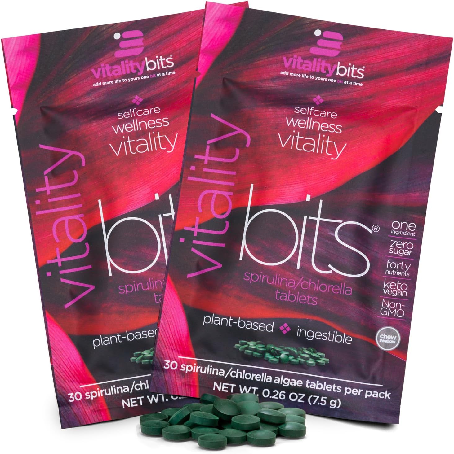 Energybits Vitalitybits organic spirulina and chlorella tablets front view
