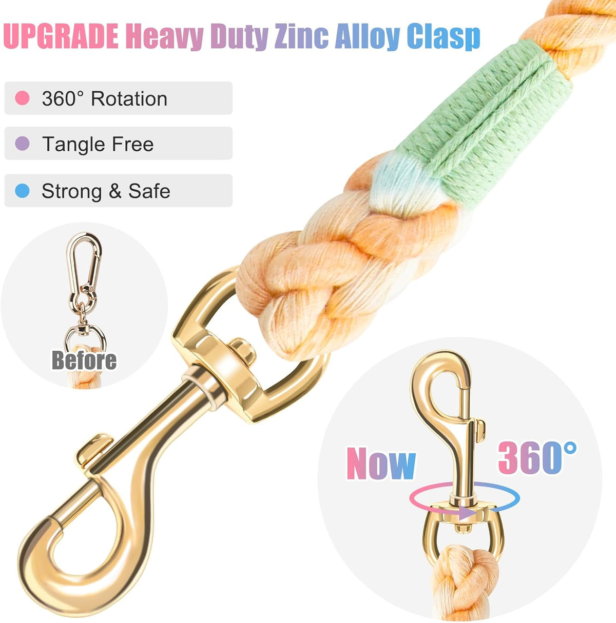 Multi colored aesthetic macro braided dog leash loop handle with integrated O ring.