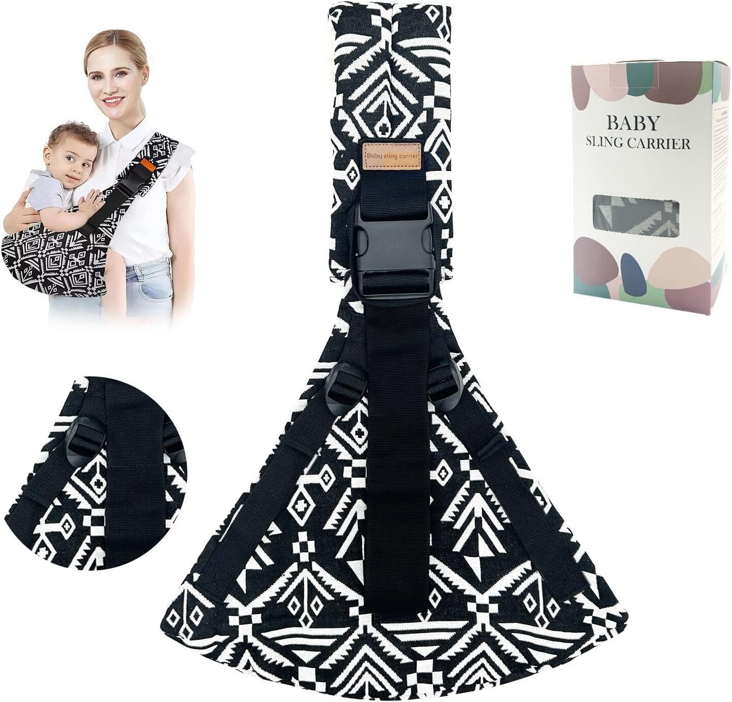 Jamyum baby sling carrier front view showing secure adjustable straps on a caregiver.