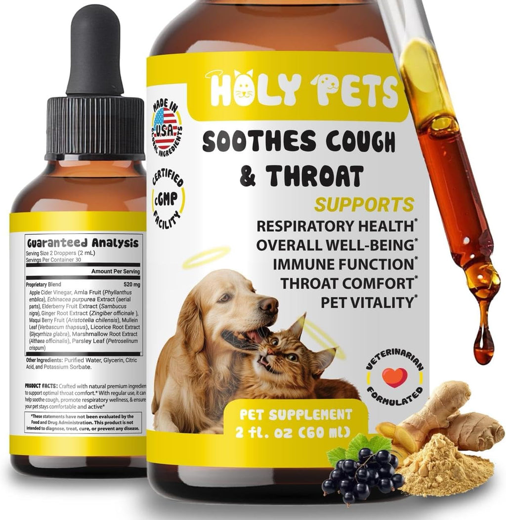 Holy Pets cough medicine for dogs and cats front view bottle for kennel cough relief.