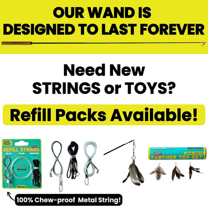 Repounce extra long cat string toy with attached natural feather teaser for indoor adult cat exercise.
