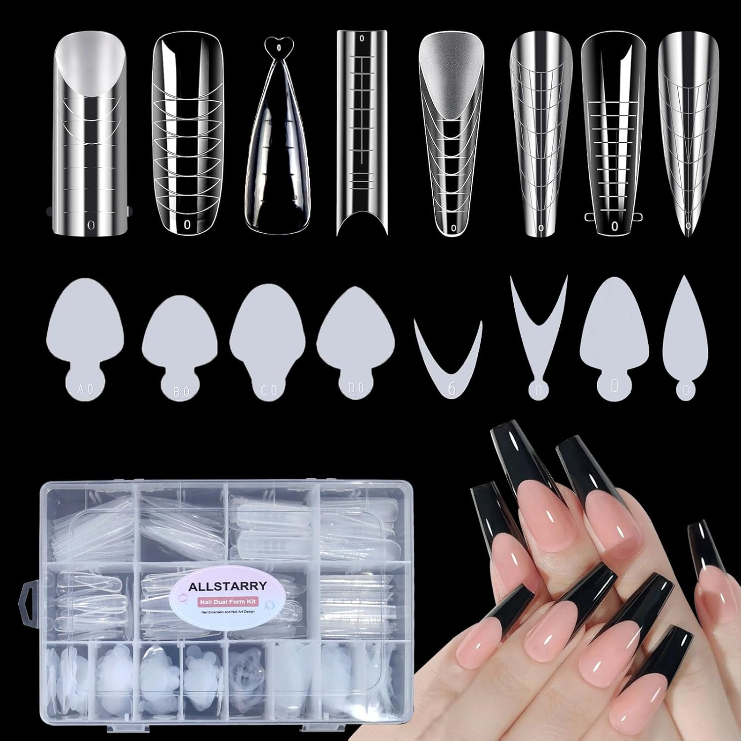 Allstarry 384pcs Nail Dual Forms kit with silicone French stickers front view