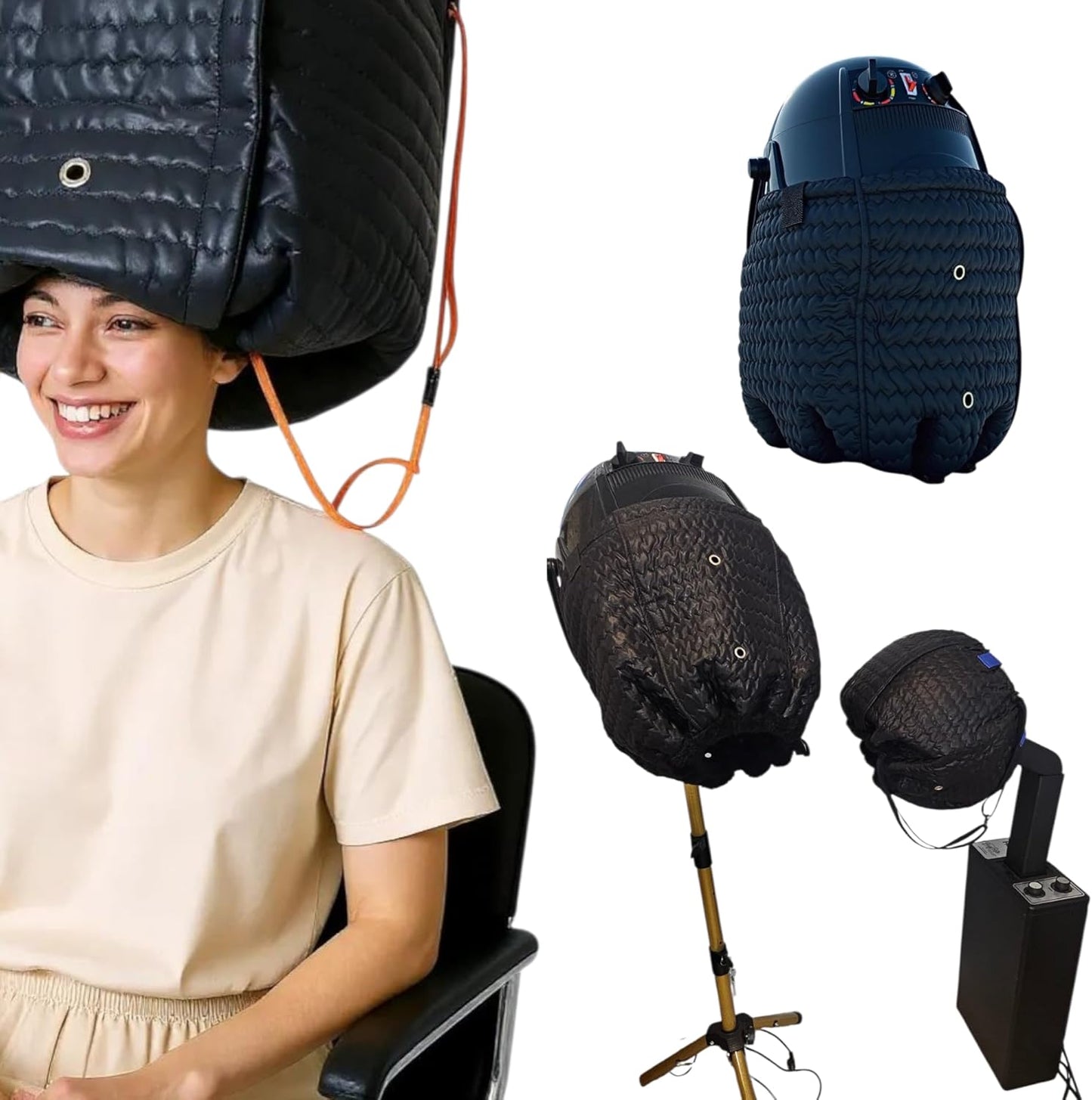 Jadash Products Heat Insulating Cap for Hair Dryer in black and blue front view displaying the quilted thermal texture.