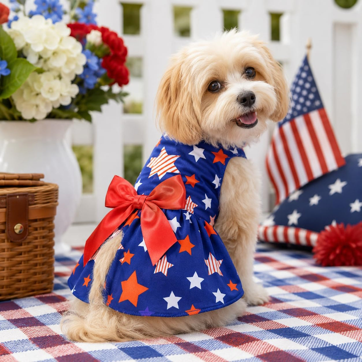 Pullover dog dress style for easy holiday dressing and pet photoshoots.