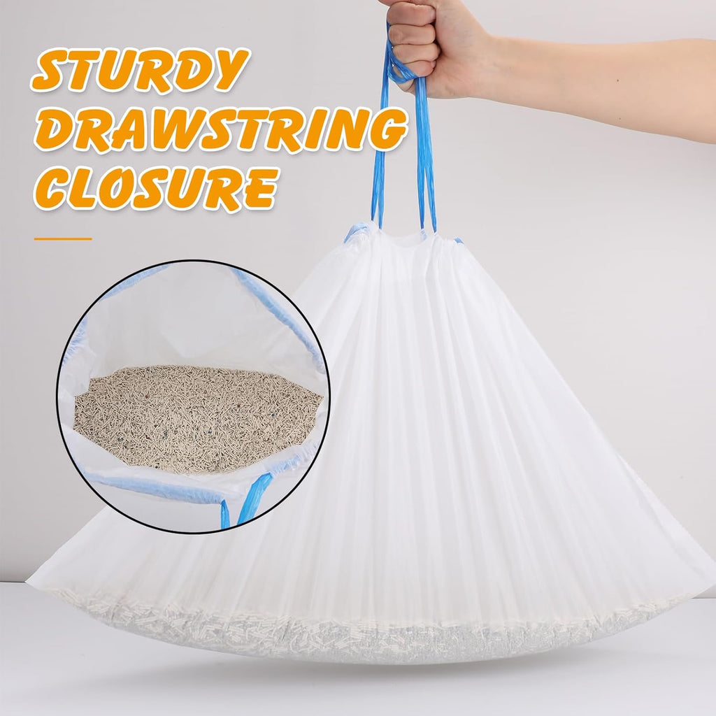 Roll of premium white cat litter liners with red drawstring close up