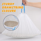 Roll of premium white cat litter liners with red drawstring close up