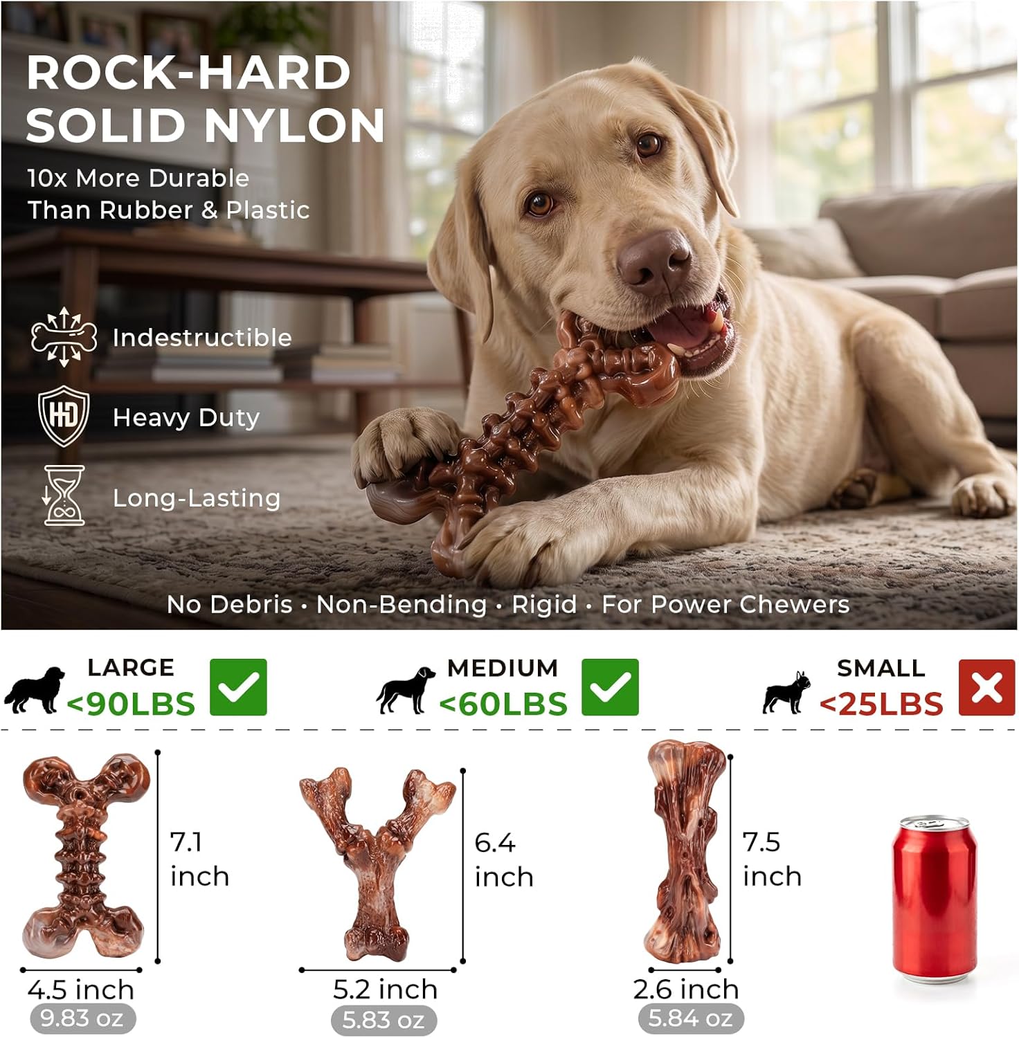 Three heavy duty brown nylon dog bones for large breed chewers
