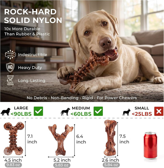Three heavy duty brown nylon dog bones for large breed chewers
