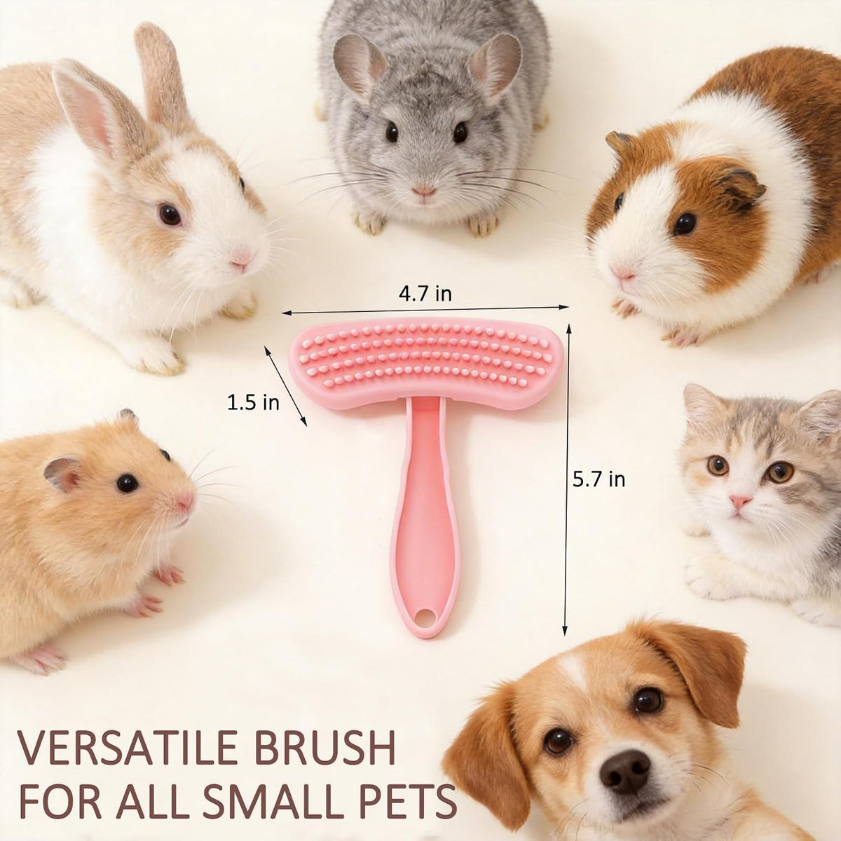 MCTOURY silicone grooming brush demonstrating wet and dry versatility for small pets