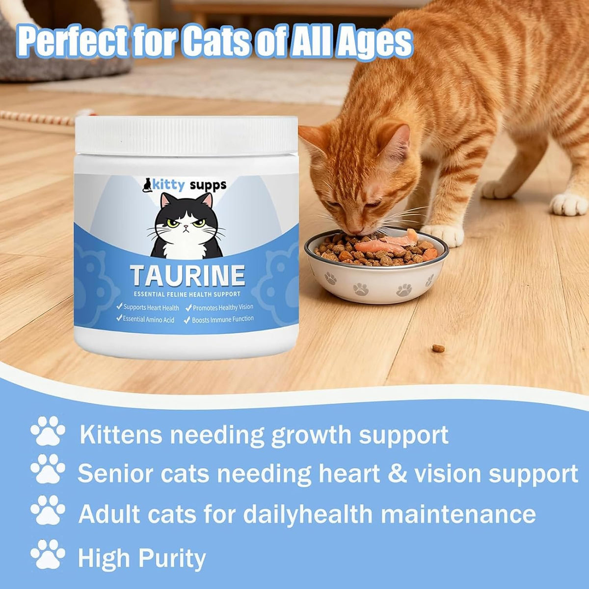 KittySupps taurine powder with measuring spoon for cat food mixing
