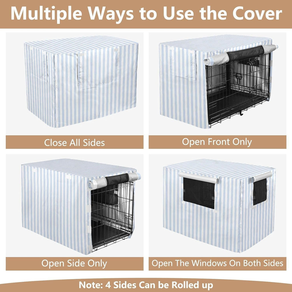 Anxiety relief dog crate canopy in blue vertical stripes style