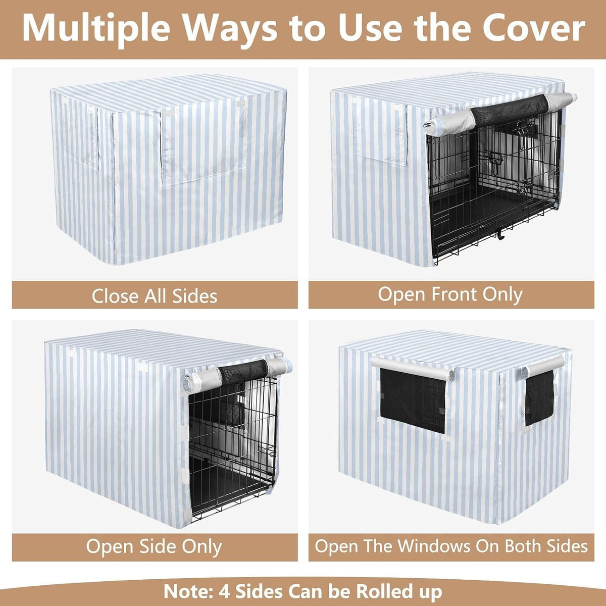 Anxiety relief dog crate canopy in blue vertical stripes style