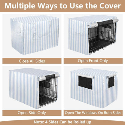 Anxiety relief dog crate canopy in blue vertical stripes style