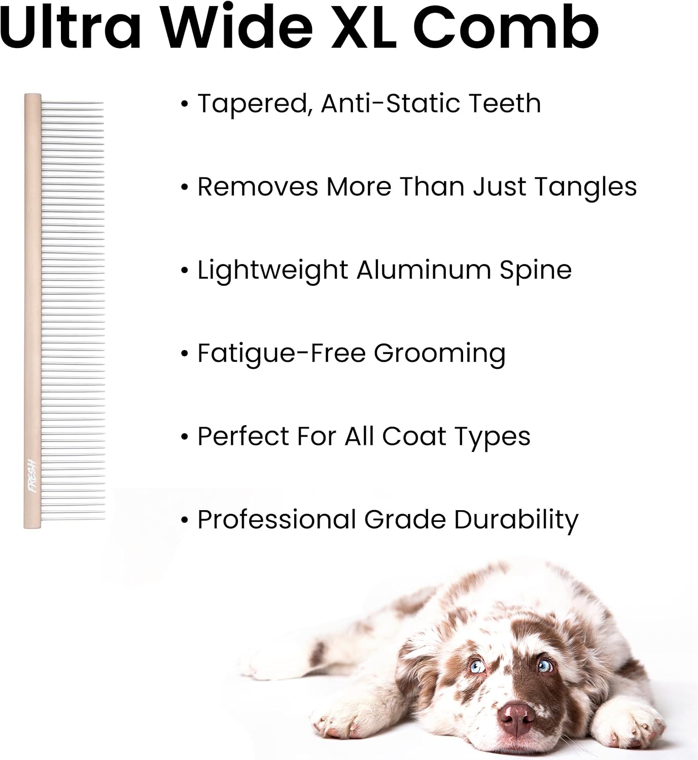 Hand holding oval aluminum handle of grooming comb
