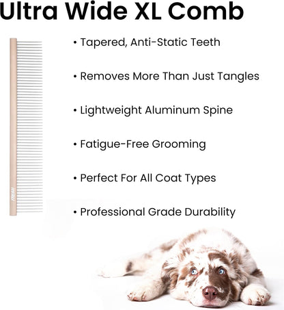 Hand holding oval aluminum handle of grooming comb