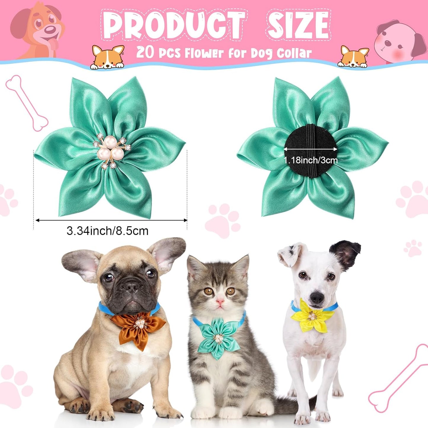 Reginary pet flower bow ties close up view highlighting pearl and rhinestone center detailing