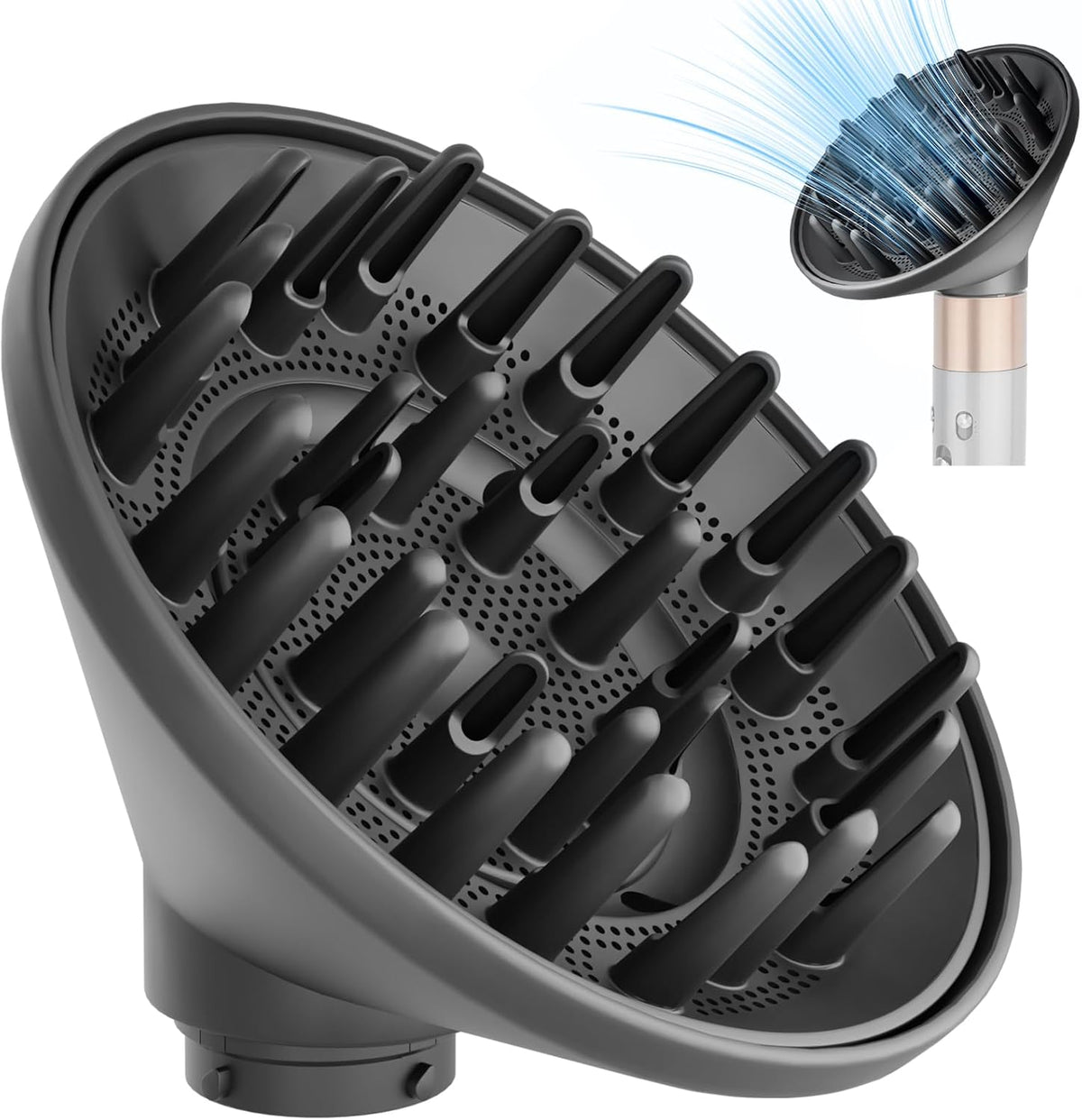 MAYCREATE large diffuser attachment compatible with Dyson Airwrap front view showing the grey bowl and prongs for curl definition.