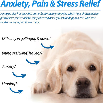 Premium USA imported pet oil for dog arthritis and anxiety relief next to dropper