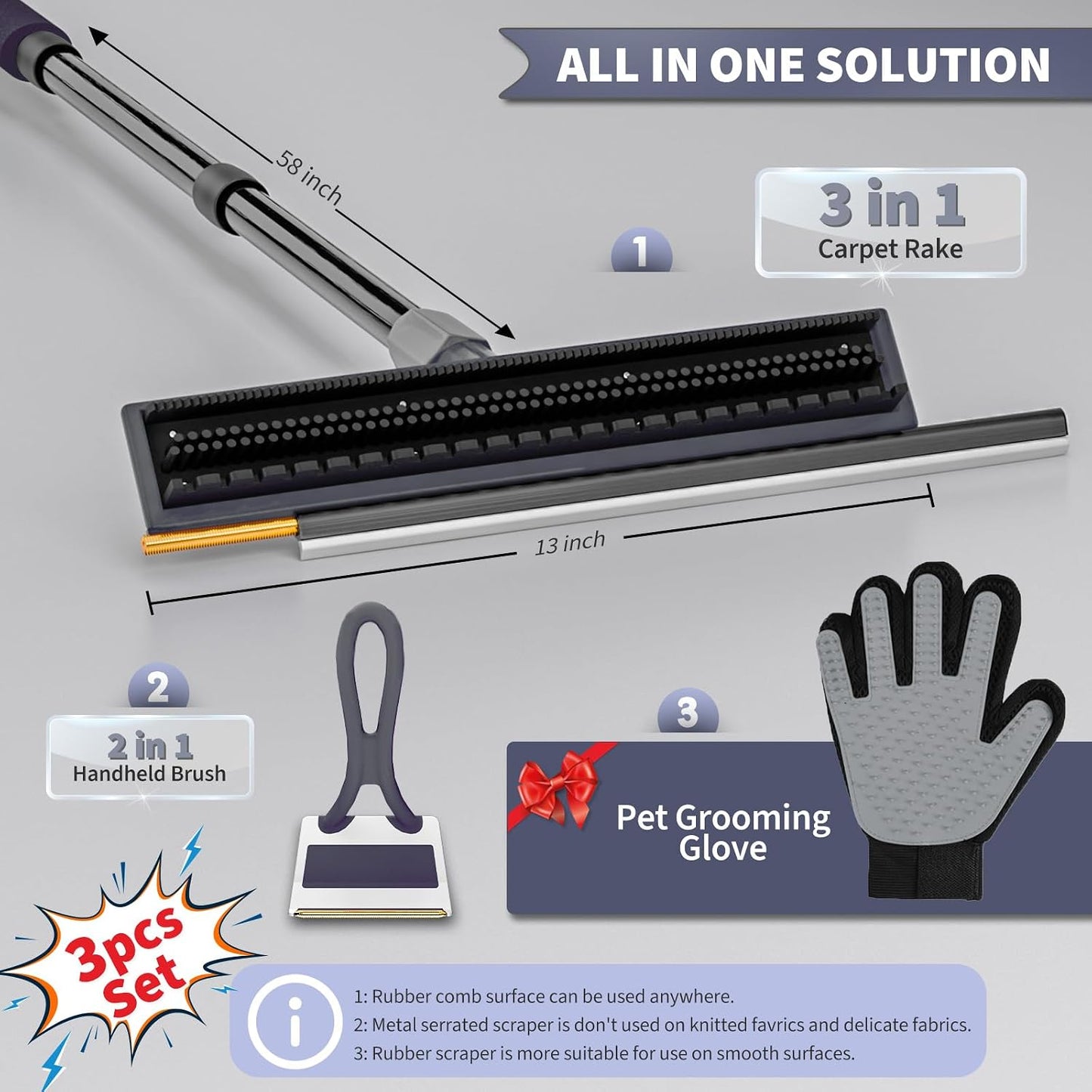 Leishiyen 3-in-1 rug rake and scraper tool kit