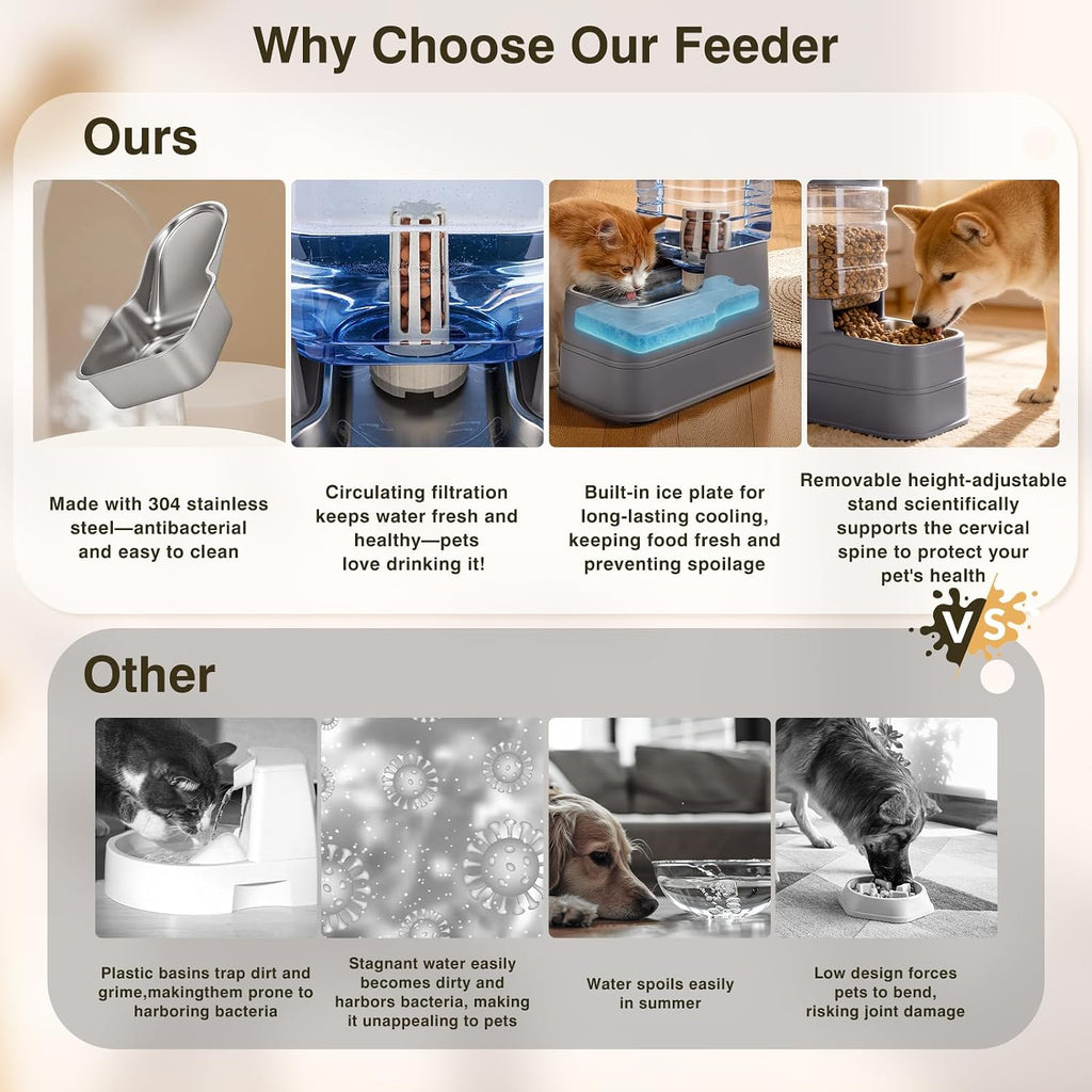 Pawzone elevated pet feeder set demonstrating the height adjustment from 2.8 to 5.6 inches.