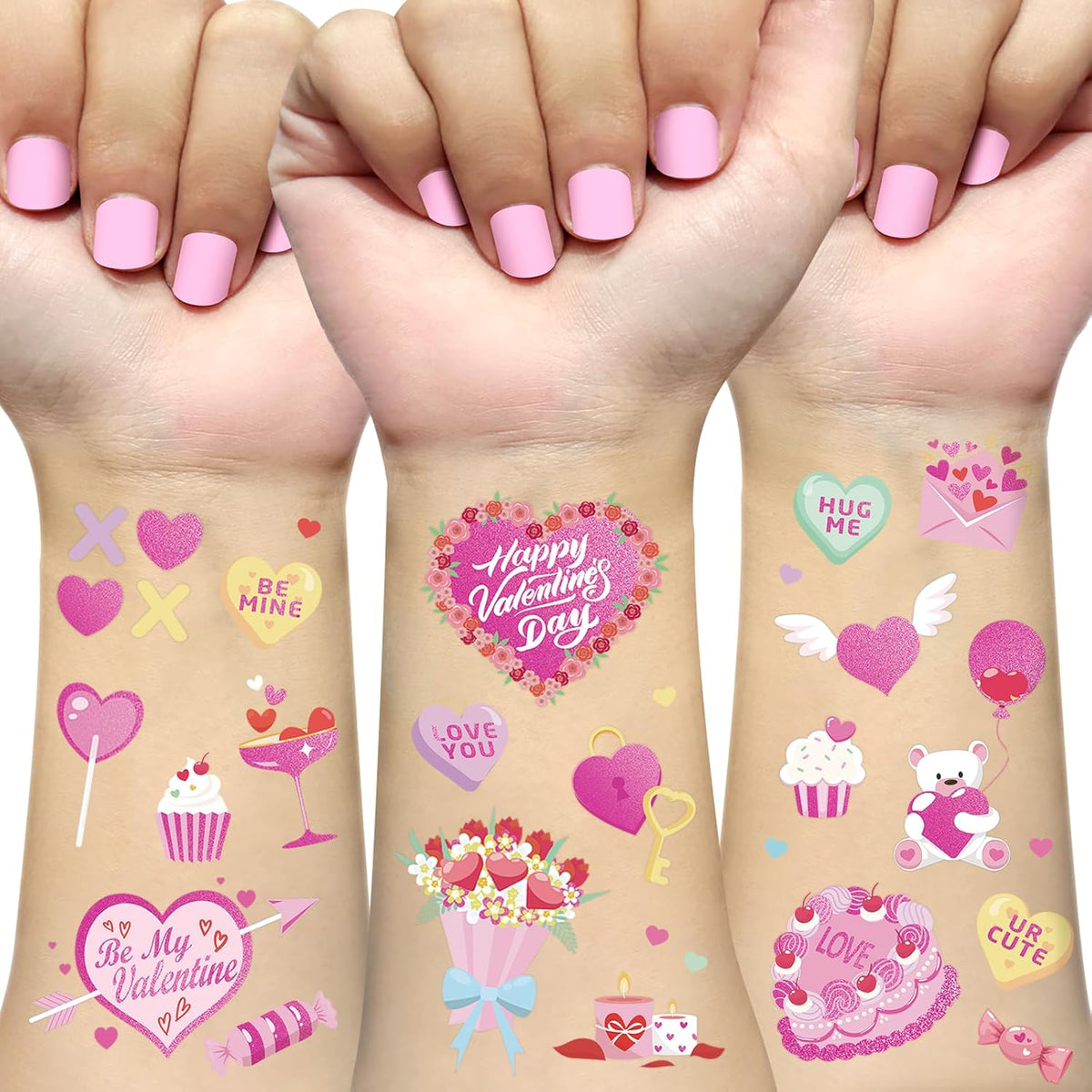 Ovasorve Valentine's Day temporary tattoos featuring hot pink foil designs.