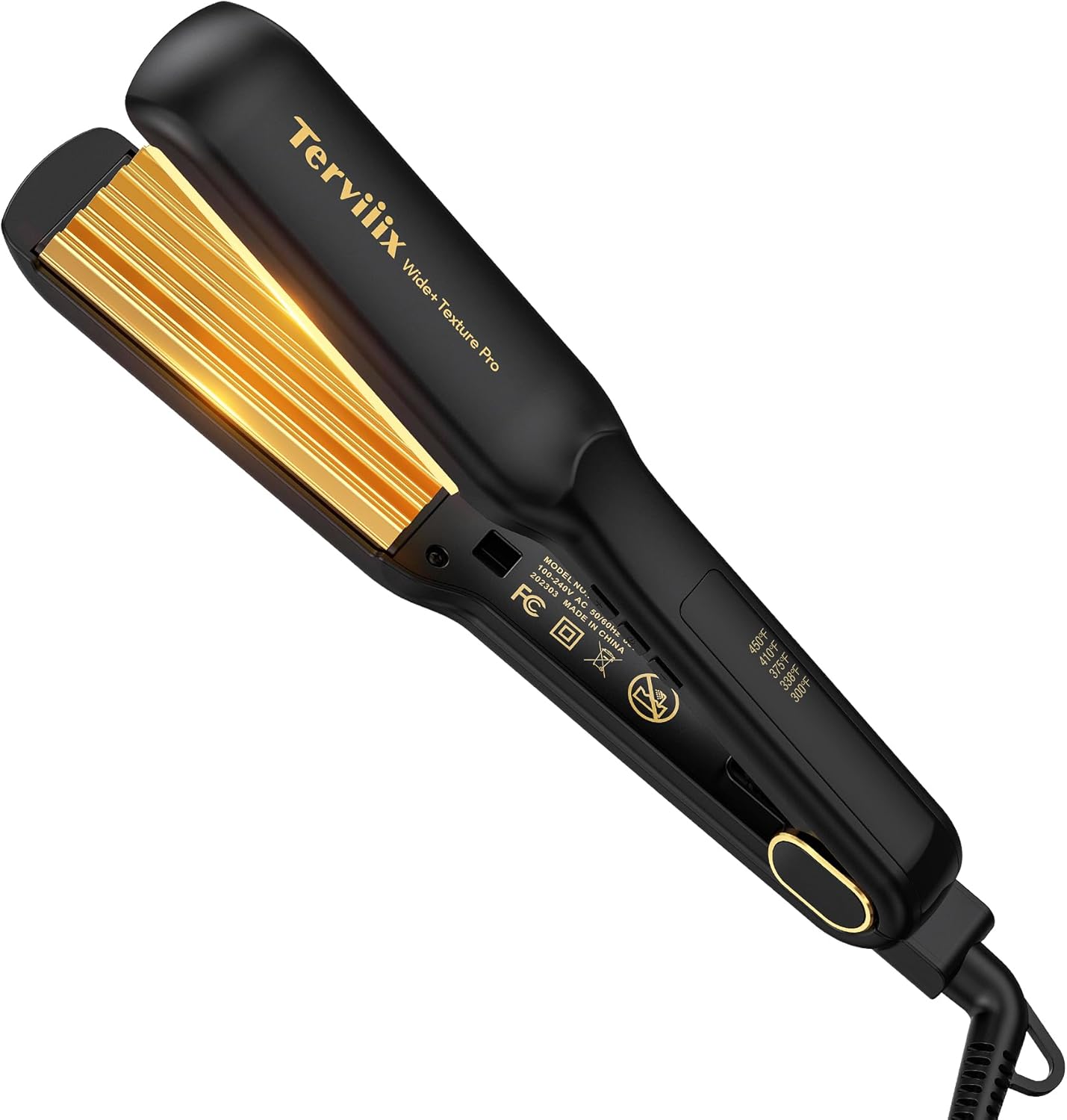 Terviiix 24k titanium wide crimper hair iron front view showing golden plates