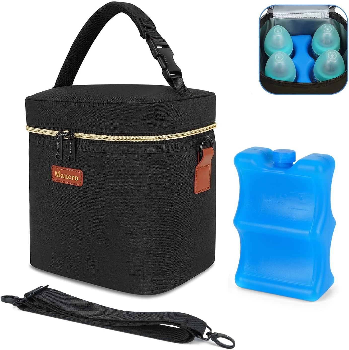 Mancro breastmilk cooler bag front view black fabric