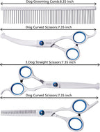 Professional curved pet grooming shears showing blunt safety tips for dogs