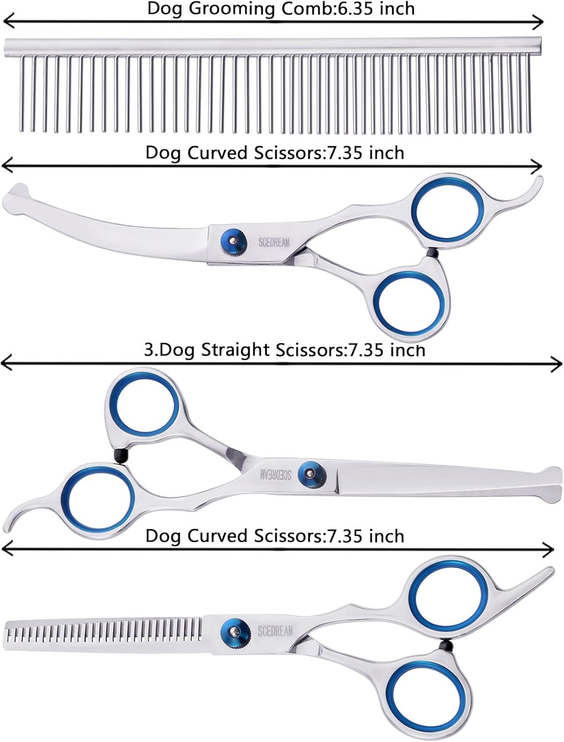 Professional curved pet grooming shears showing blunt safety tips for dogs