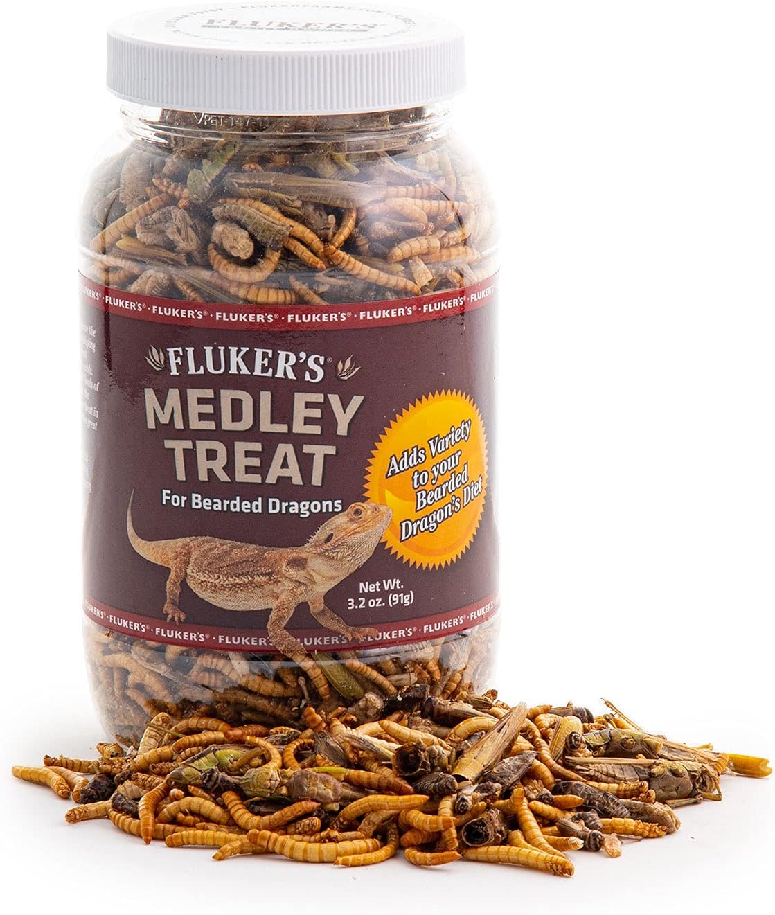 Fluker's Bearded Dragon Medley Treat Food 3.2 Ounce container front view showing the freeze-dried insect blend.