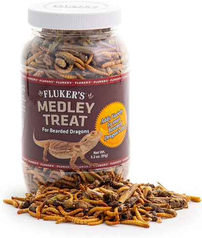 Fluker's Bearded Dragon Medley Treat Food 3.2 Ounce container front view showing the freeze-dried insect blend.