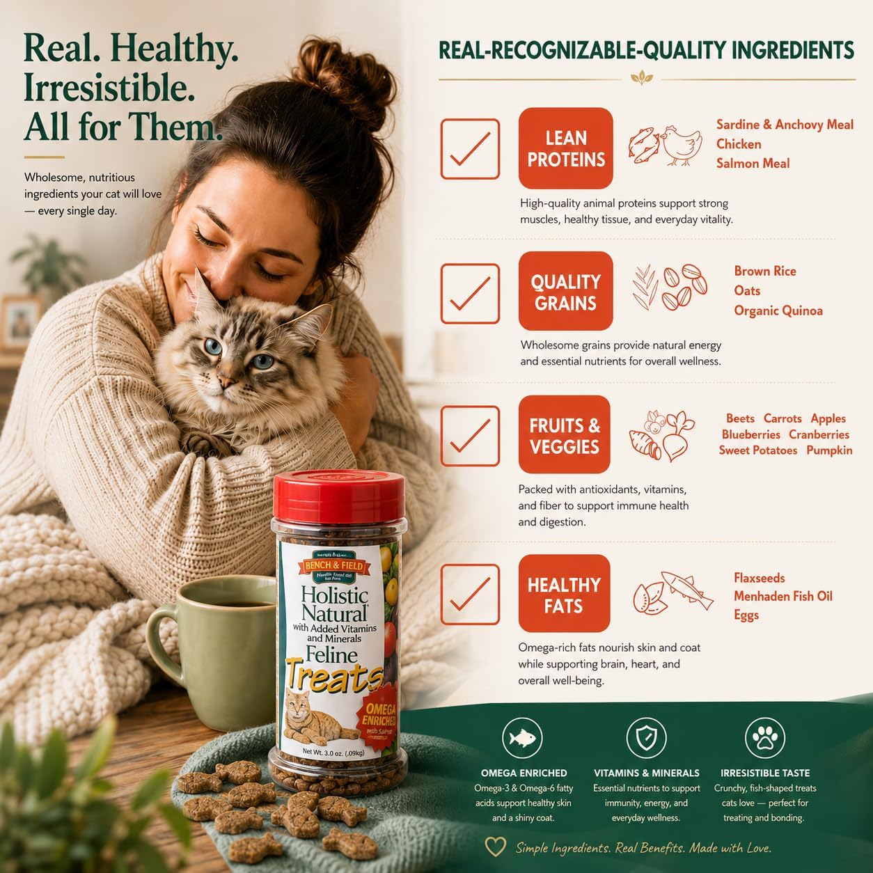 Holistic natural pet food cat treats showing the protein rich fish shaped kibble pieces.
