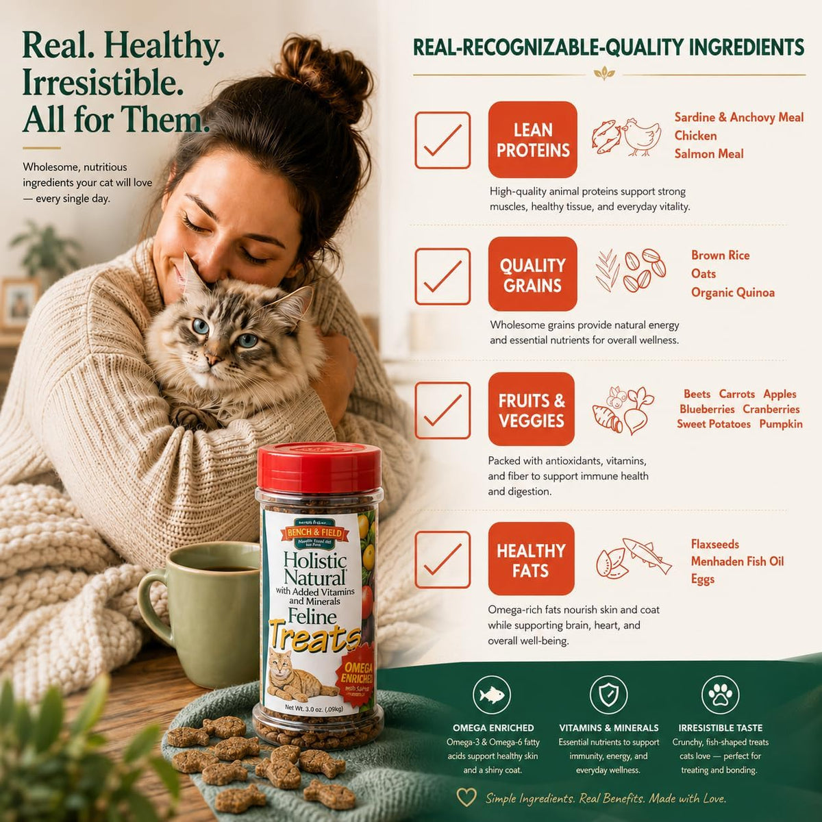 Bench And Field feline treats ingredients and nutritional panel