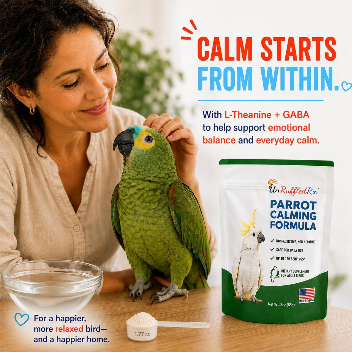 Scoop of UnRuffledRx L-Theanine and GABA bird supplement