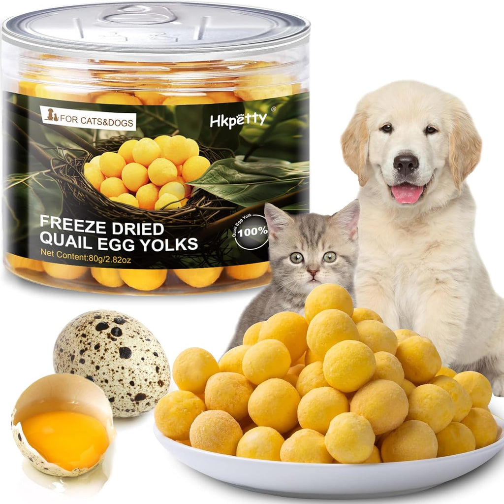 Hkpetty freeze dried quail egg yolk pet treats front view of container with golden retriever puppy
