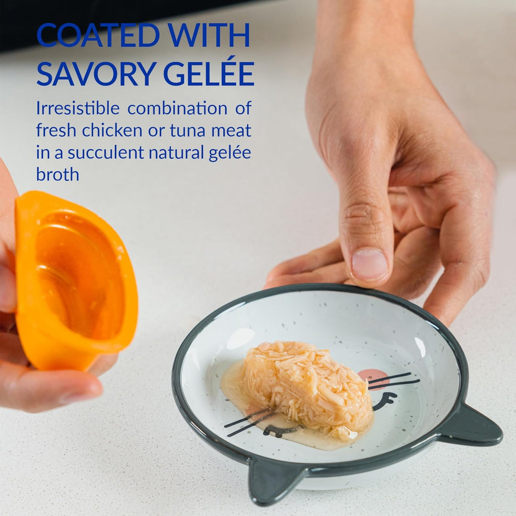 Side view of Inaba Twins shredded chicken and fish broth gelÃ©e cup