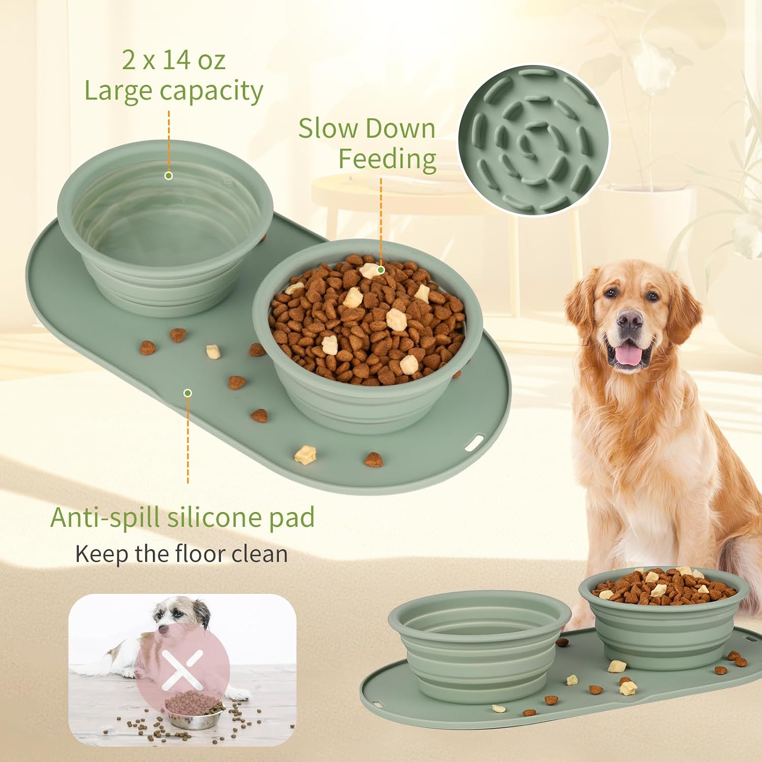 Spill proof green silicone dog mat for small and medium dogs