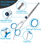Professional curved pet grooming scissors for precision styling around eyes and paws.