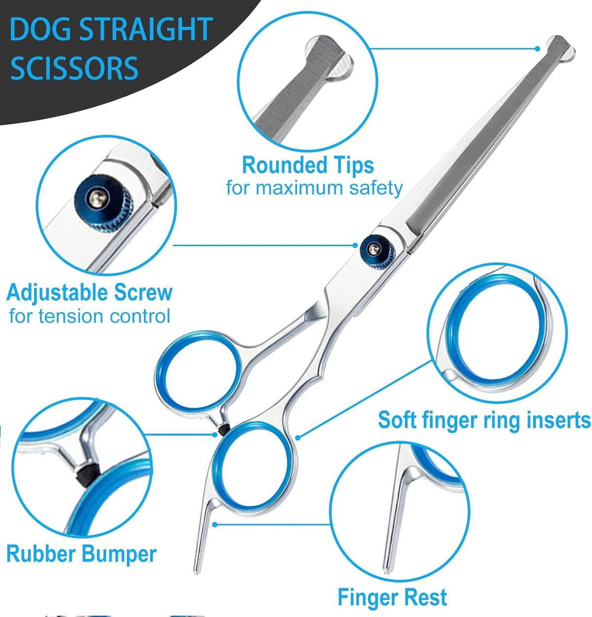 Professional curved pet grooming scissors for precision styling around eyes and paws.