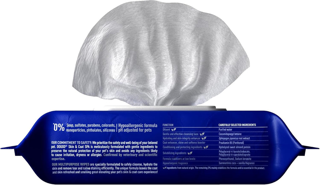 Douxo pet grooming wipes package back showing ingredients list