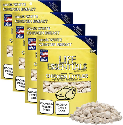 Life Essentials by Cat-Man-Doo Chicken Littles five ounce package back view showing directions and ingredients.