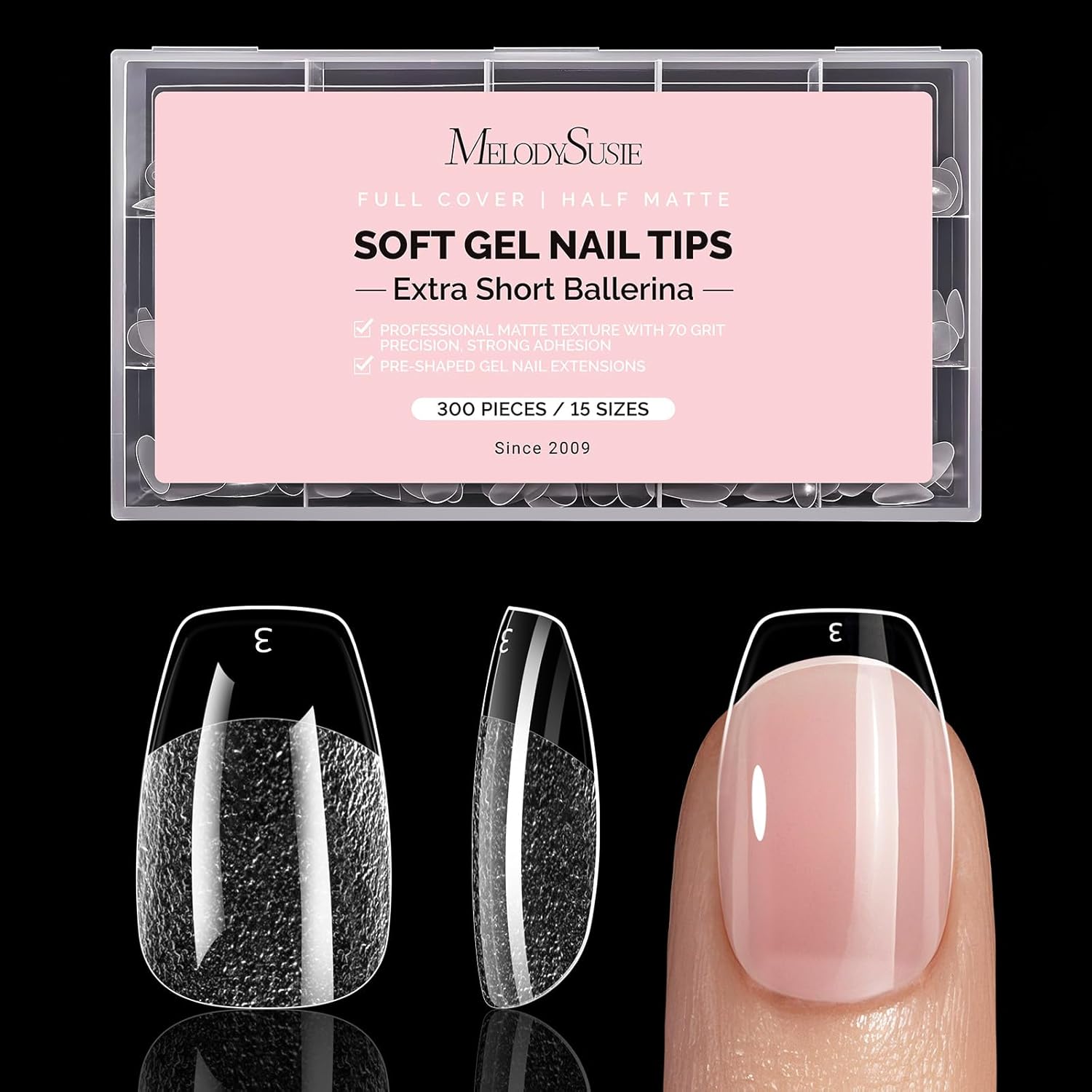MelodySusie extra short ballerina nail tips in a 300 piece clear soft gel extension set